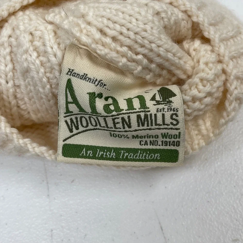 Aran Woollen Mills Handknit Beret Baby Kids Cream 100% Merino Wool Pom Pom‎ Hat